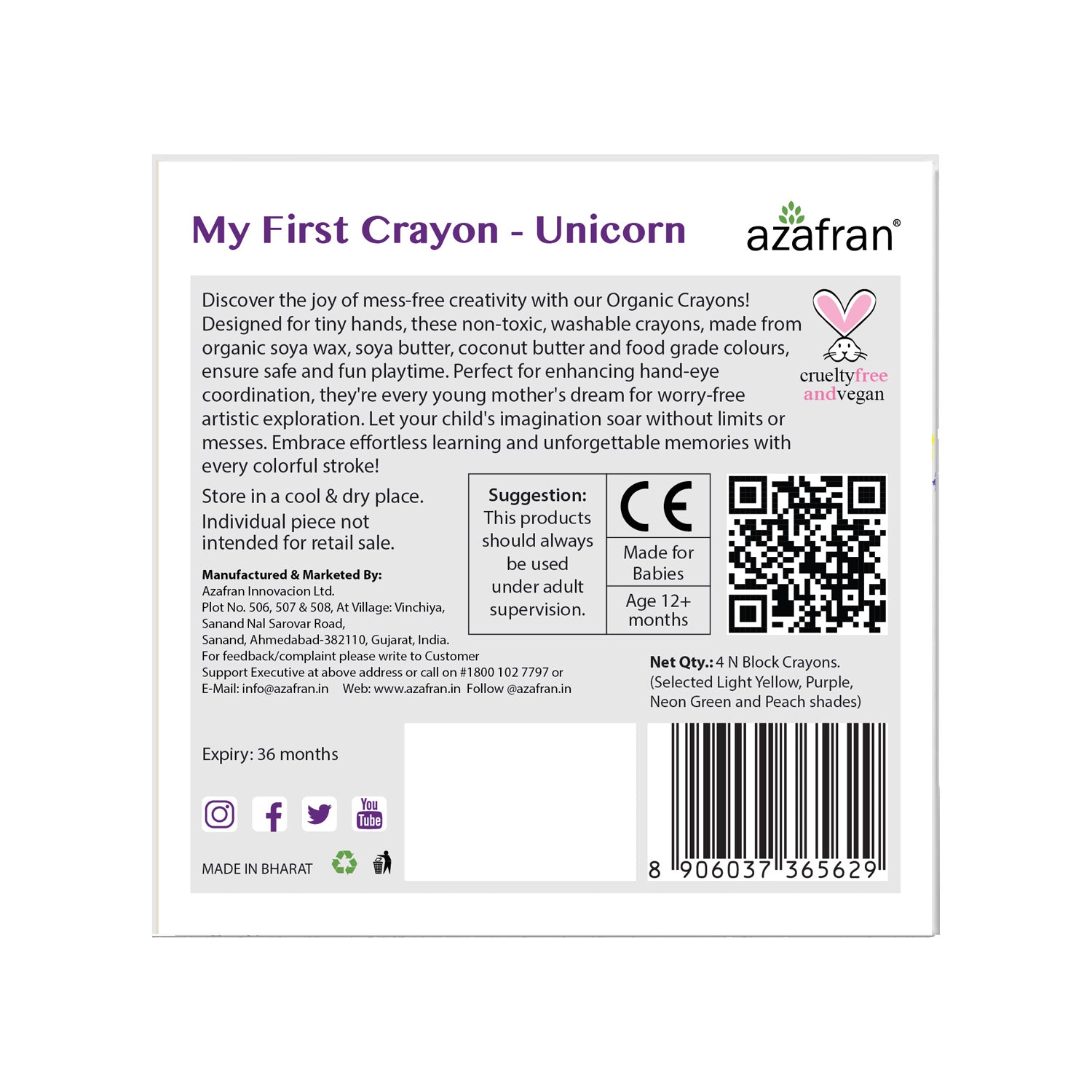 My First Crayon - Unicorn - 4 Jumbo Washable Block Crayons Colours for kids 12m+
