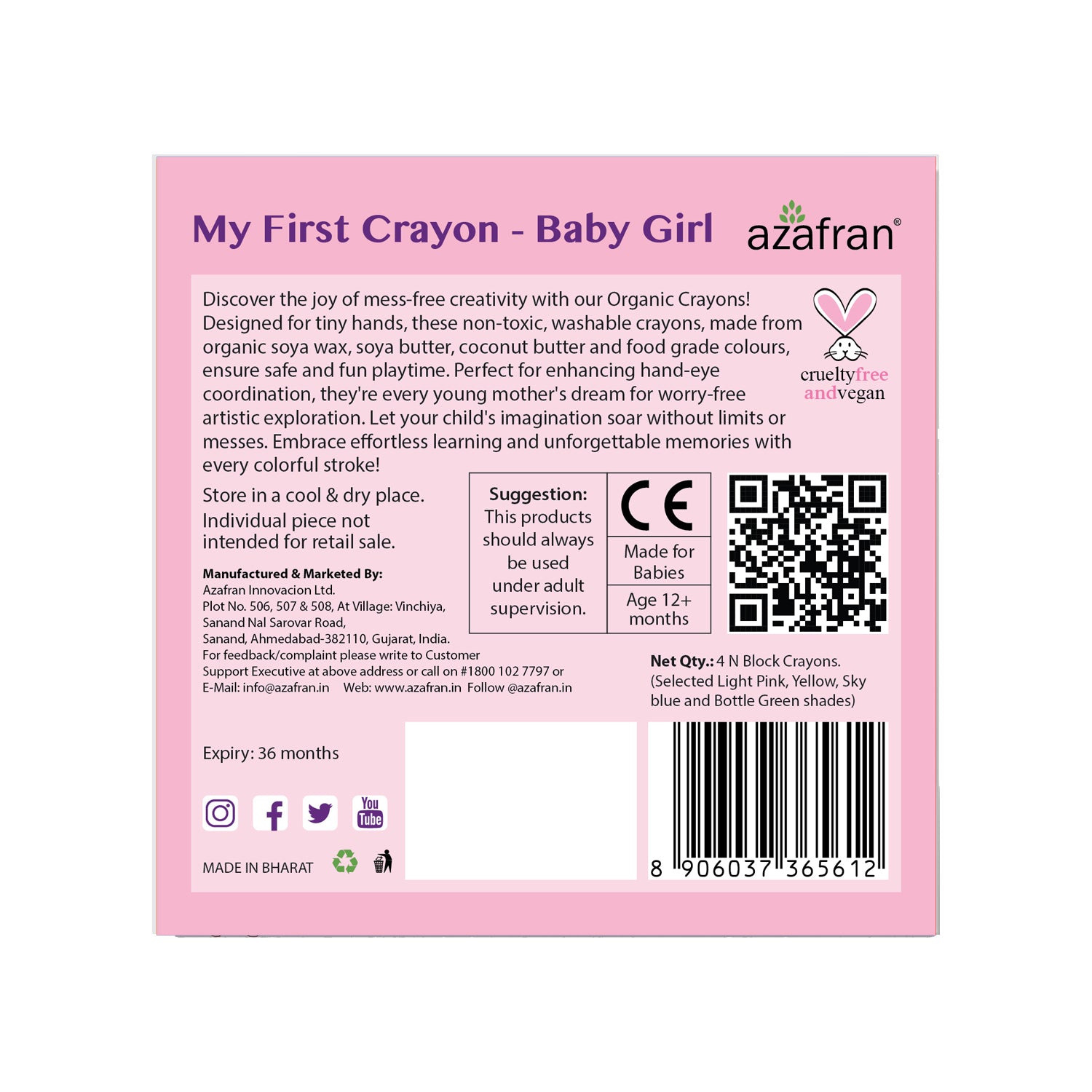 My First  Crayon - Baby Girl - 4 Jumbo Washable Block Crayons Colours for kids 12m+