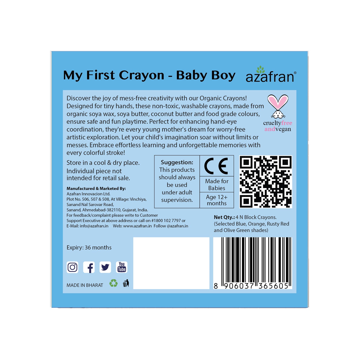 My First  Crayon - Baby Boy - 4 Jumbo Washable Block Crayons Colours for kids 12m+